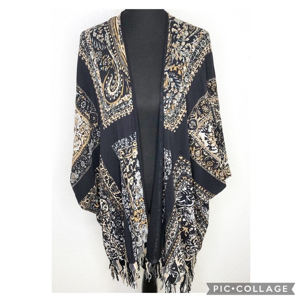 Fuzzi black white gold floral fringe trim open front kimono top size Medium